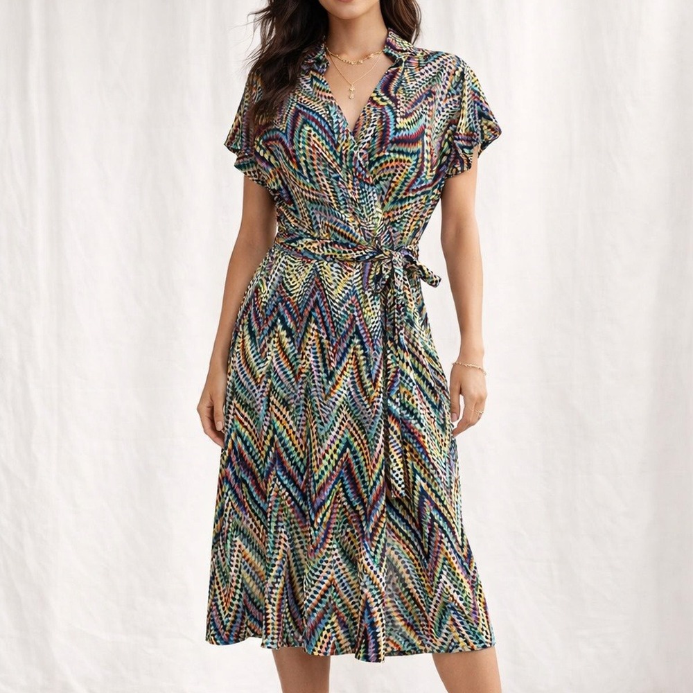 DR Collection Geometric‎ Multicolor Wrap Style Midi Dress Womens M Chevron Tie